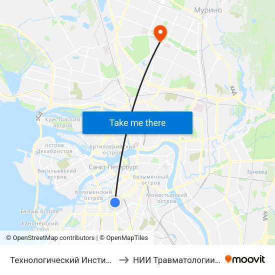 Технологический Институт - 2 (Tekhnologicheskiy Institut - 2) to НИИ Травматологии и Ортопедии имени Вредена map
