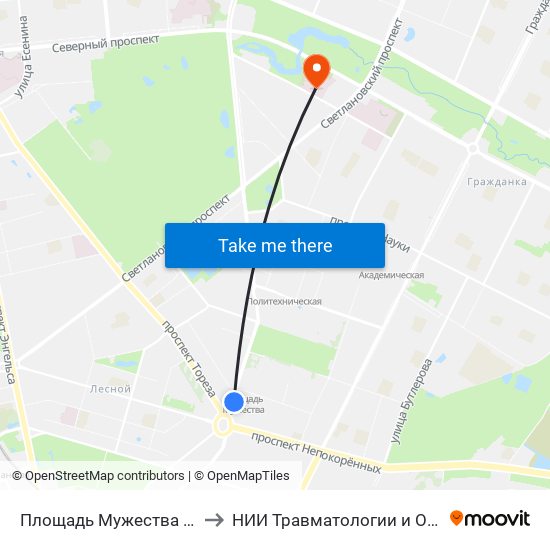 Площадь Мужества (Ploschad' Muzhestva) to НИИ Травматологии и Ортопедии имени Вредена map