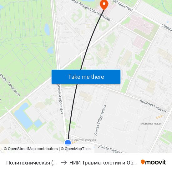 Политехническая (Politekhnicheskaya) to НИИ Травматологии и Ортопедии имени Вредена map