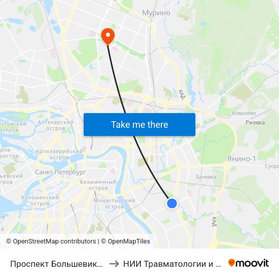 Проспект Большевиков (Prospekt Bol'Shevikov) to НИИ Травматологии и Ортопедии имени Вредена map