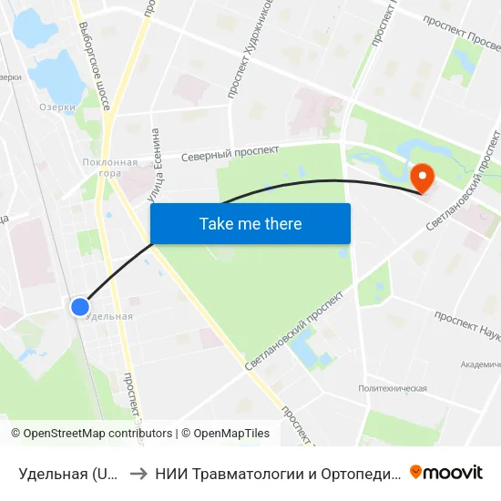 Удельная (Udel'Naya) to НИИ Травматологии и Ортопедии имени Вредена map