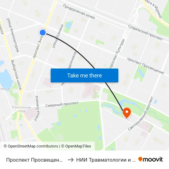 Проспект Просвещения (Prospekt Prosveschenya) to НИИ Травматологии и Ортопедии имени Вредена map