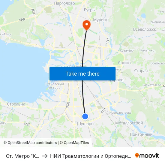 Ст. Метро "Купчино" to НИИ Травматологии и Ортопедии имени Вредена map