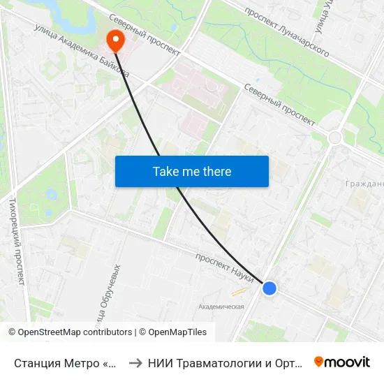 Станция Метро «Академическая» to НИИ Травматологии и Ортопедии имени Вредена map