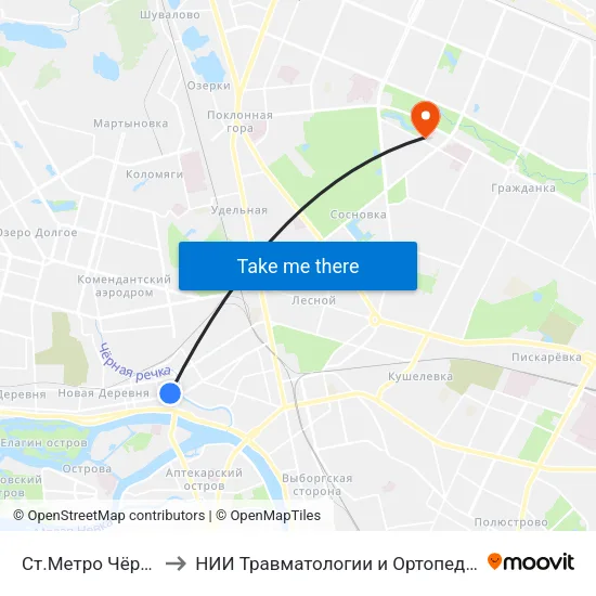 Ст.Метро Чёрная Речка to НИИ Травматологии и Ортопедии имени Вредена map