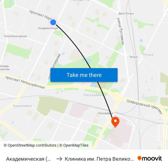 Академическая (Akademicheskaya) to Клиника им. Петра Великого Сзгму им. Мечникова map