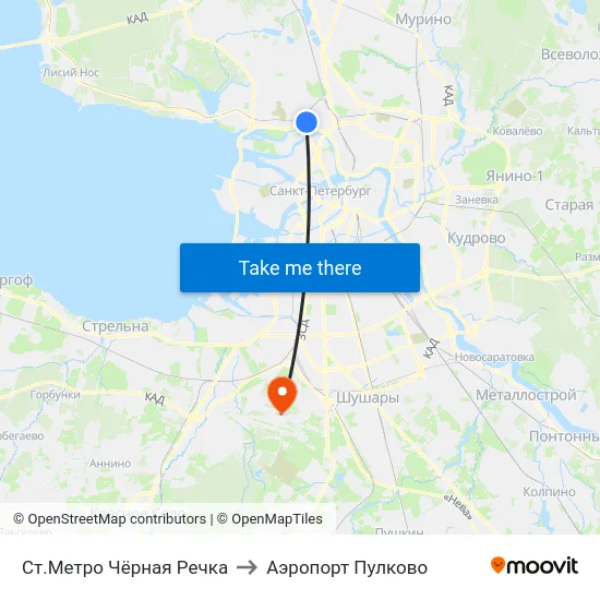 Ст.Метро Чёрная Речка to Аэропорт Пулково map