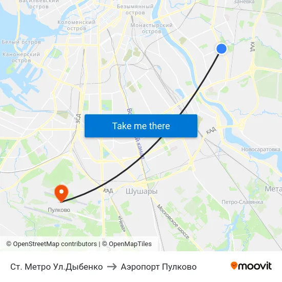 Ст. Метро Ул.Дыбенко to Аэропорт Пулково map