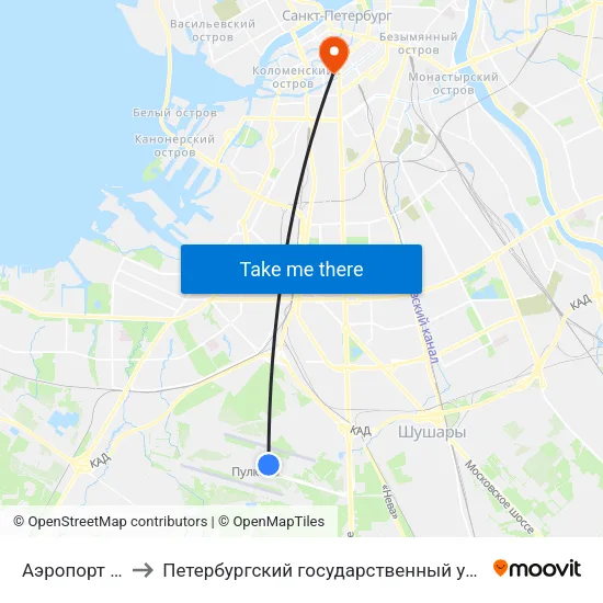 Аэропорт Пулково 1 to Петербургский государственный университет путей сообщения map