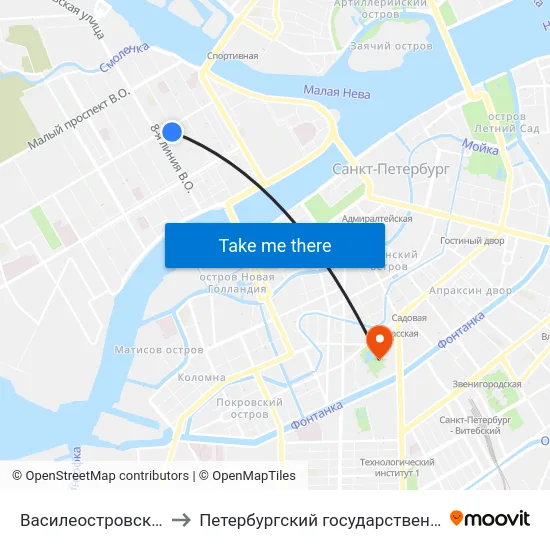 Василеостровская (Vasileostrovskaya) to Петербургский государственный университет путей сообщения map
