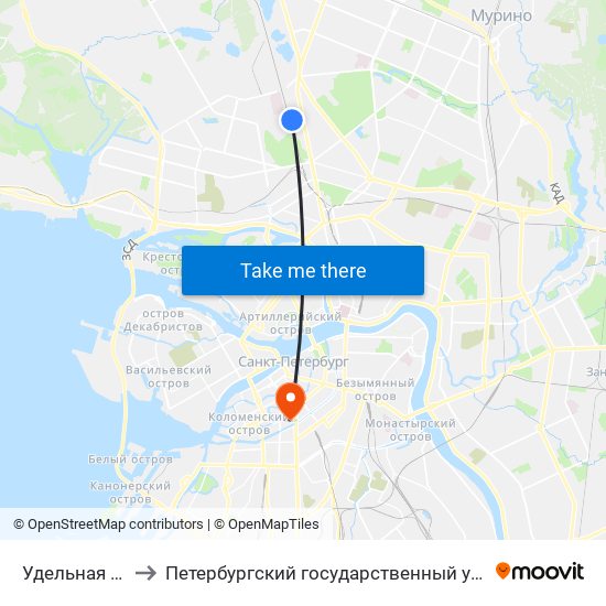 Удельная (Udel'Naya) to Петербургский государственный университет путей сообщения map