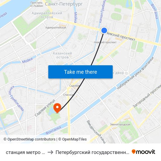 станция метро Невский Проспект to Петербургский государственный университет путей сообщения map