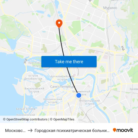 Московский Вокзал to Городская психиатрическая больница № 3 им. И.И. Скворцова-Степанова map