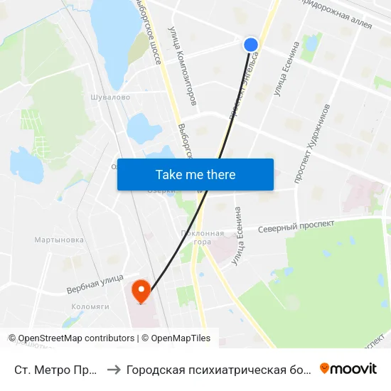 Ст. Метро Проспект Просвещения to Городская психиатрическая больница № 3 им. И.И. Скворцова-Степанова map