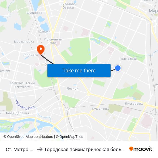 Ст. Метро Академическая to Городская психиатрическая больница № 3 им. И.И. Скворцова-Степанова map