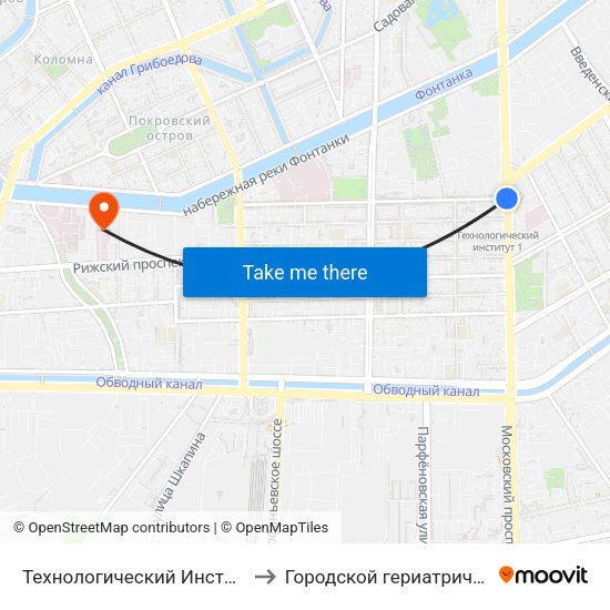 Технологический Институт - 1 (Tekhnologicheskiy Institut - 1) to Городской гериатрический медико-социальный центр map
