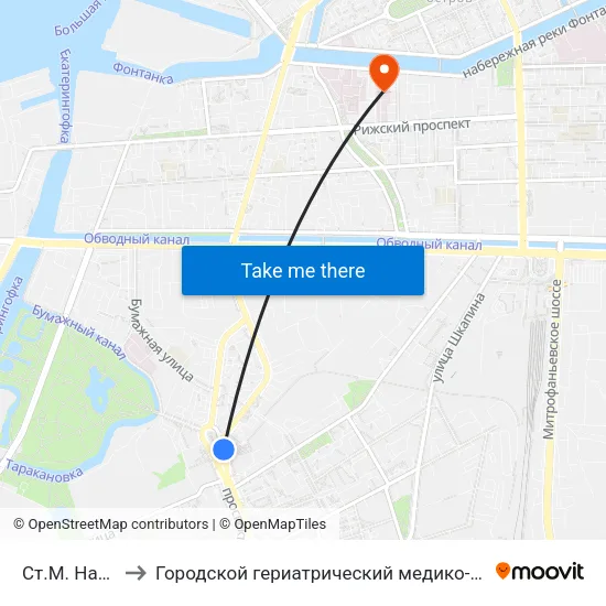 Ст.М. Нарвская to Городской гериатрический медико-социальный центр map