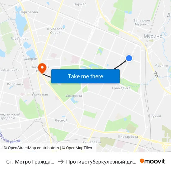 Ст. Метро Гражданский Пр. to Противотуберкулезный диспансер №11 map