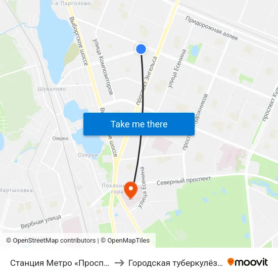 Станция Метро «Проспект Просвещения» to Городская туберкулёзная больница №2 map