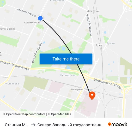 Станция Метро «Академическая» to Северо-Западный государственный медицинский университет имени Ильи Ильича Мечникова map