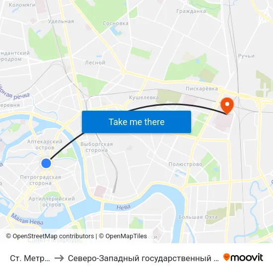 Ст. Метро Петроградская to Северо-Западный государственный медицинский университет имени Ильи Ильича Мечникова map