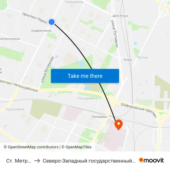 Ст. Метро Академическая to Северо-Западный государственный медицинский университет имени Ильи Ильича Мечникова map
