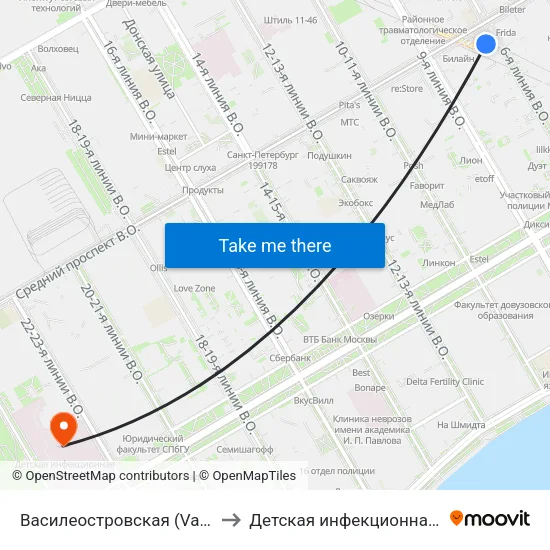 Василеостровская (Vasileostrovskaya) to Детская инфекционная больница №3 map