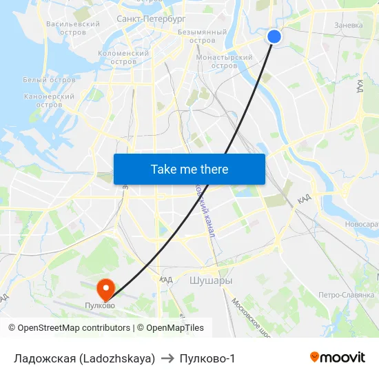 Ладожская (Ladozhskaya) to Пулково-1 map
