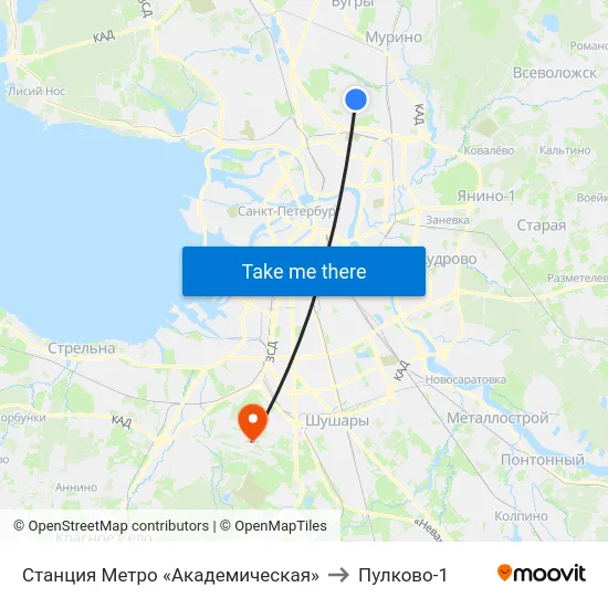 Станция Метро «Академическая» to Пулково-1 map