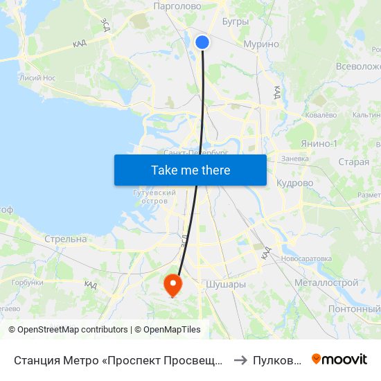 Станция Метро «Проспект Просвещения» to Пулково-1 map
