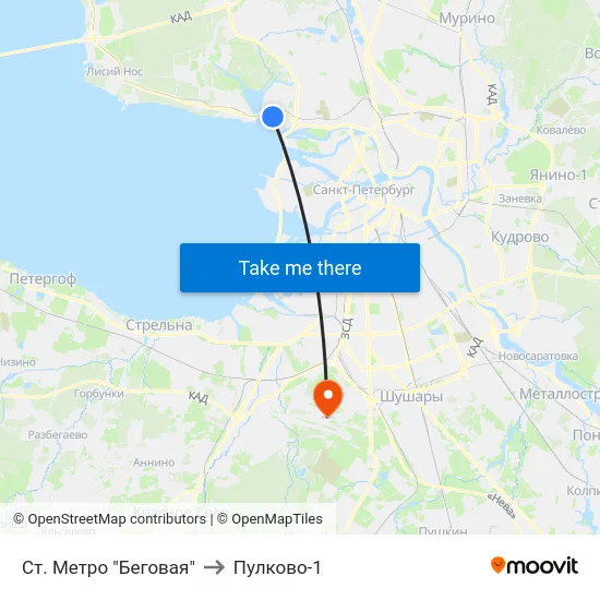 Ст. Метро "Беговая" to Пулково-1 map