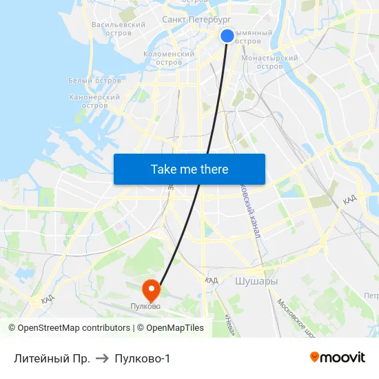 Литейный Пр. to Пулково-1 map