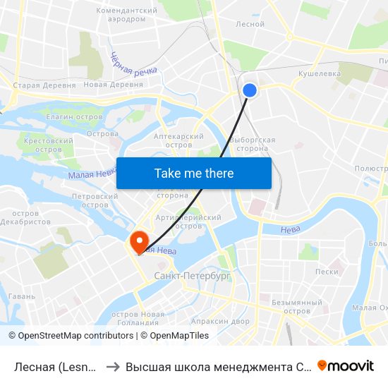 Лесная (Lesnaya) to Высшая школа менеджмента СПбГУ map