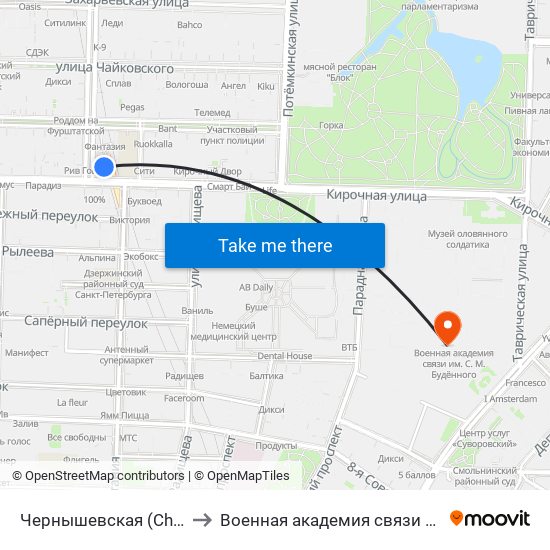 Чернышевская (Chernyshevskaya) to Военная академия связи им. С. М. Будённого map