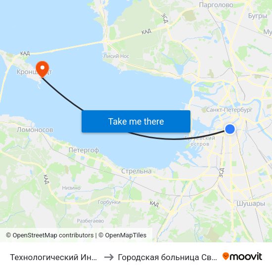 Технологический Институт - 1 (Tekhnologicheskiy Institut - 1) to Городская больница Святого Праведного Иоанна Кронштадского map