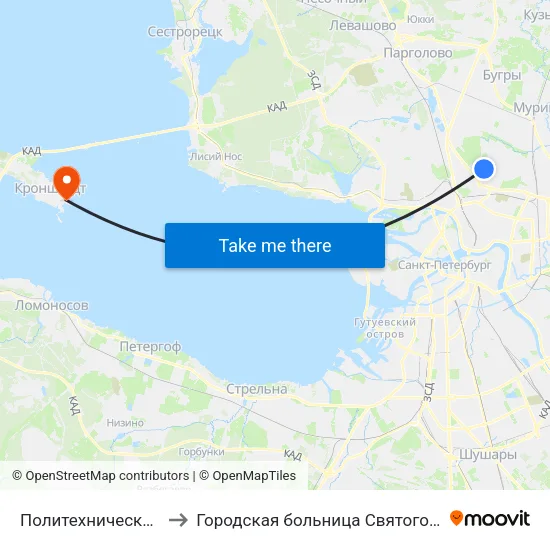 Политехническая (Politekhnicheskaya) to Городская больница Святого Праведного Иоанна Кронштадского map