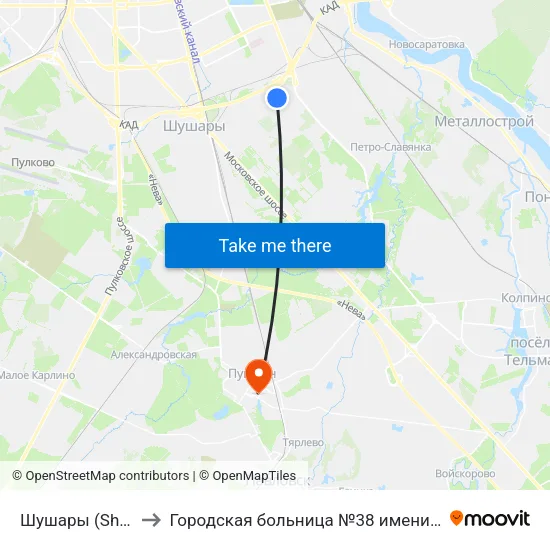 Шушары (Shushary) to Городская больница №38 имени Н.А.Семашко map