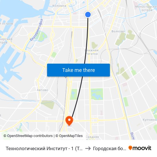 Технологический Институт - 1 (Tekhnologicheskiy Institut - 1) to Городская больница №26 map