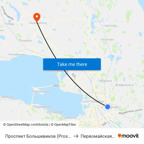 Проспект Большевиков (Prospekt Bol'Shevikov) to Первомайская больница map