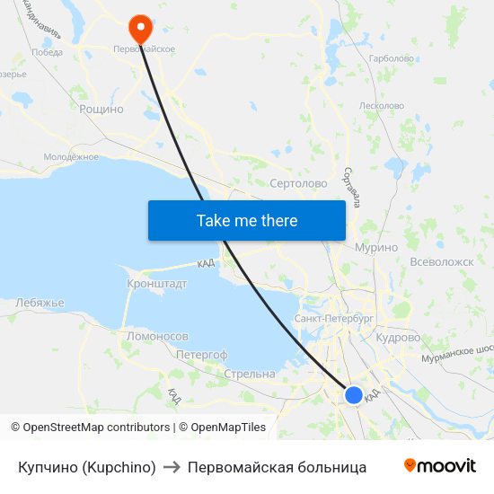 Купчино (Kupchino) to Первомайская больница map