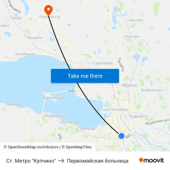 Ст. Метро "Купчино" to Первомайская больница map