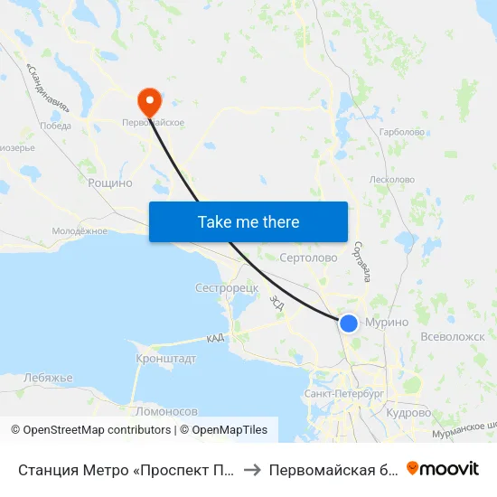 Станция Метро «Проспект Просвещения» to Первомайская больница map