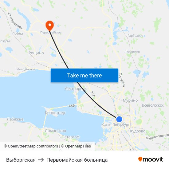 Выборгская to Первомайская больница map