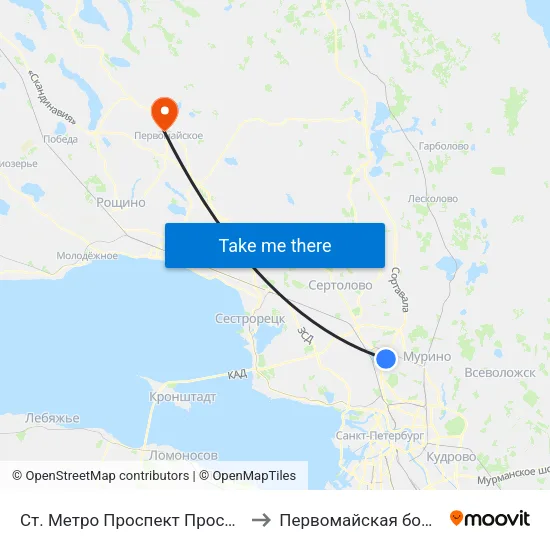 Ст. Метро Проспект Просвещения to Первомайская больница map