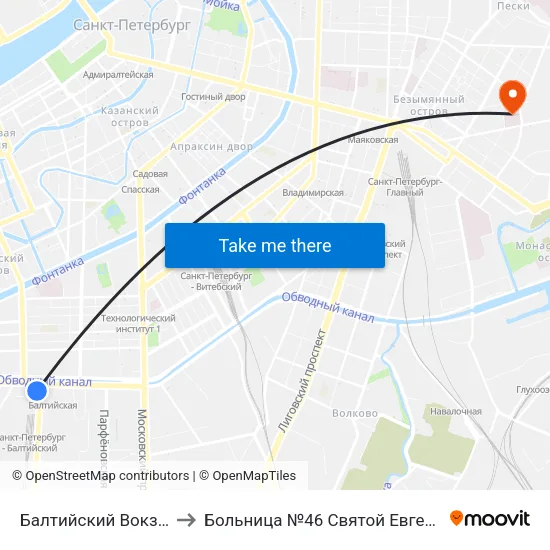 Балтийский Вокзал to Больница №46 Святой Евгении map