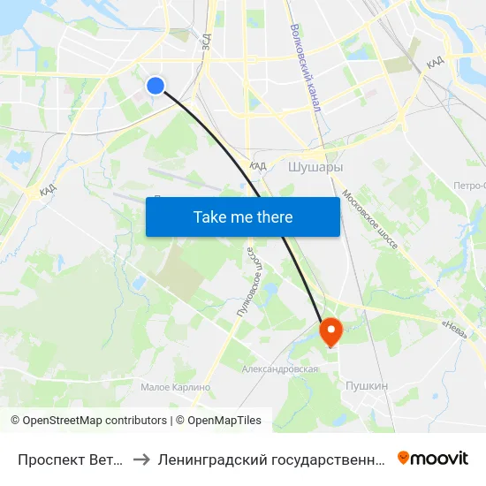 Проспект Ветеранов (Prospekt Veteranov) to Ленинградский государственный университет имени Александра Сергеевича Пушкина map