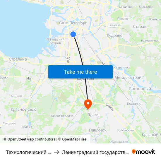 Технологический Институт - 1 (Tekhnologicheskiy Institut - 1) to Ленинградский государственный университет имени Александра Сергеевича Пушкина map