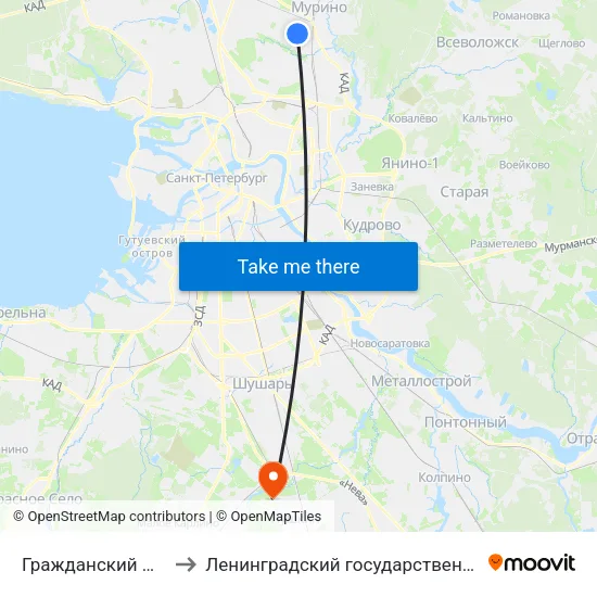 Гражданский Проспект (Grazhdansky Prospekt) to Ленинградский государственный университет имени Александра Сергеевича Пушкина map