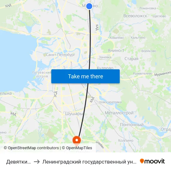 Девяткино (Devyatkino) to Ленинградский государственный университет имени Александра Сергеевича Пушкина map