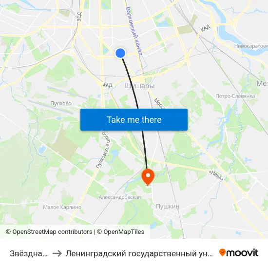 Звёздная (Zvyozdnaya) to Ленинградский государственный университет имени Александра Сергеевича Пушкина map